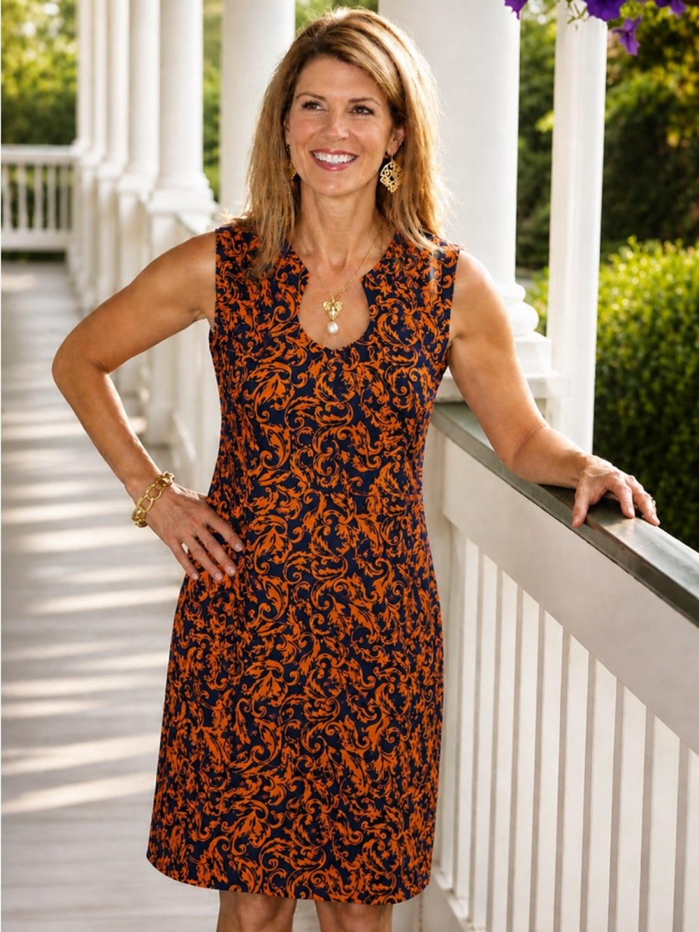 KATHERINE WAY CAPTIVA PAISLEY ORANGE NAVY HORSESHOE NECK SPF GOLF MINI DRESS